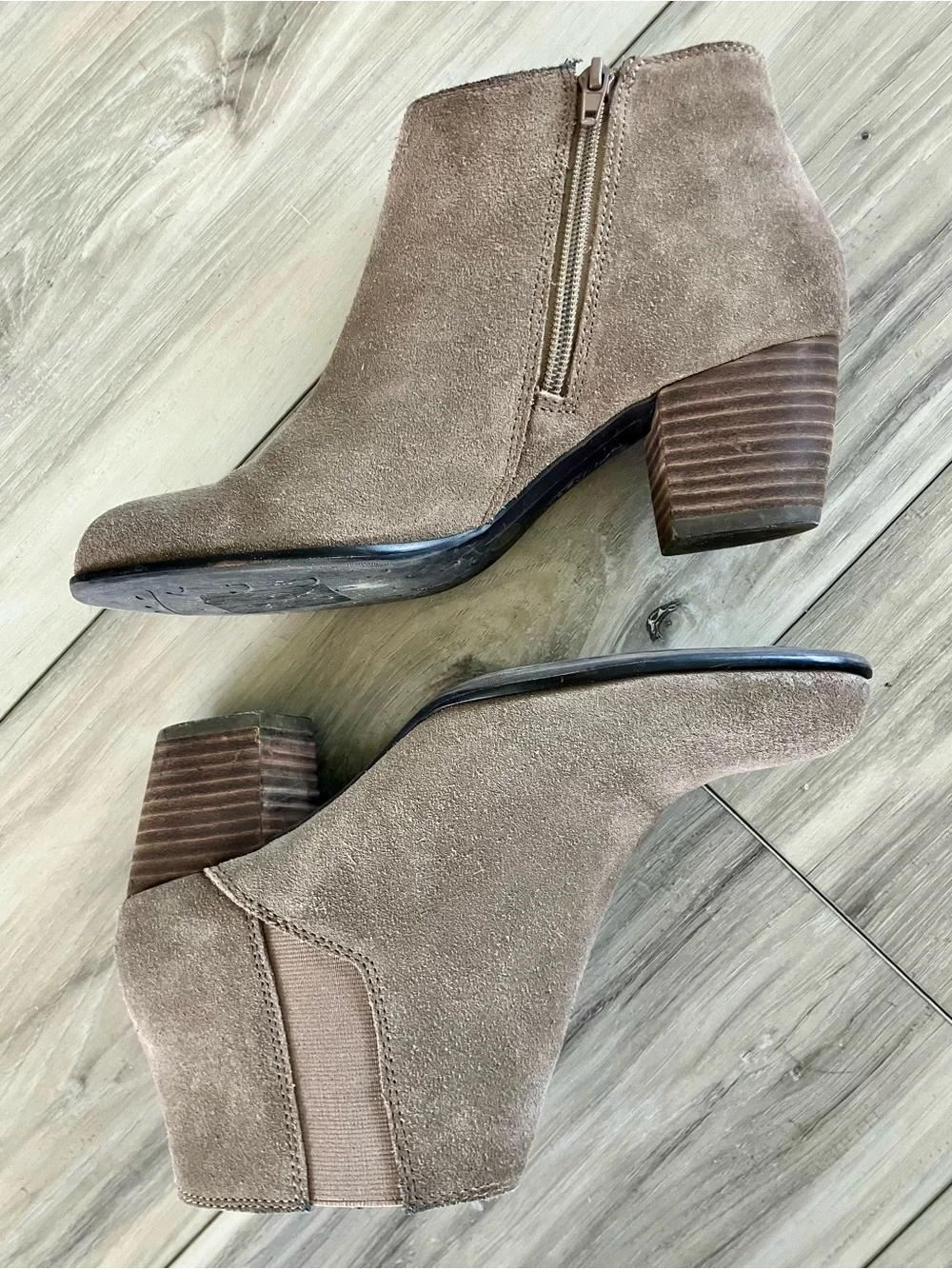 Lucky Brand Taupe Suede Ankle Booties with Stacked Heel